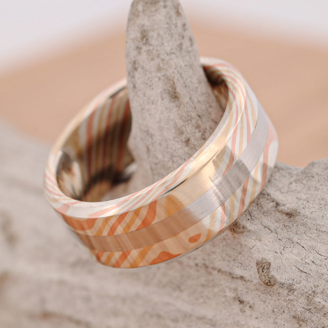 Matte Finish 14k Gold and Silver Mokume Gane, with Platinum Inlay, hand forged