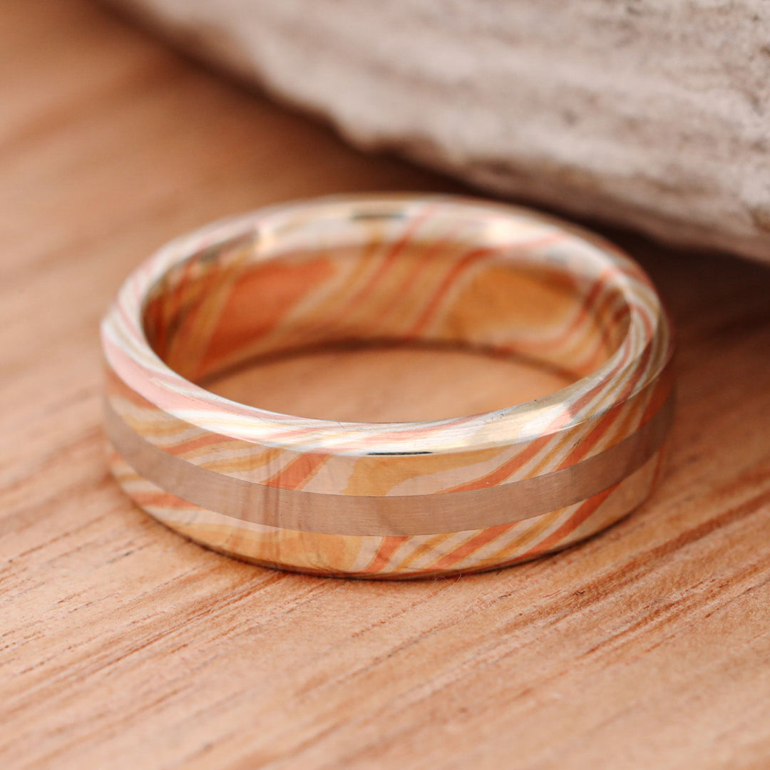 Matte Finish 14k Gold and Silver Mokume Gane, with Platinum Inlay, hand forged Set