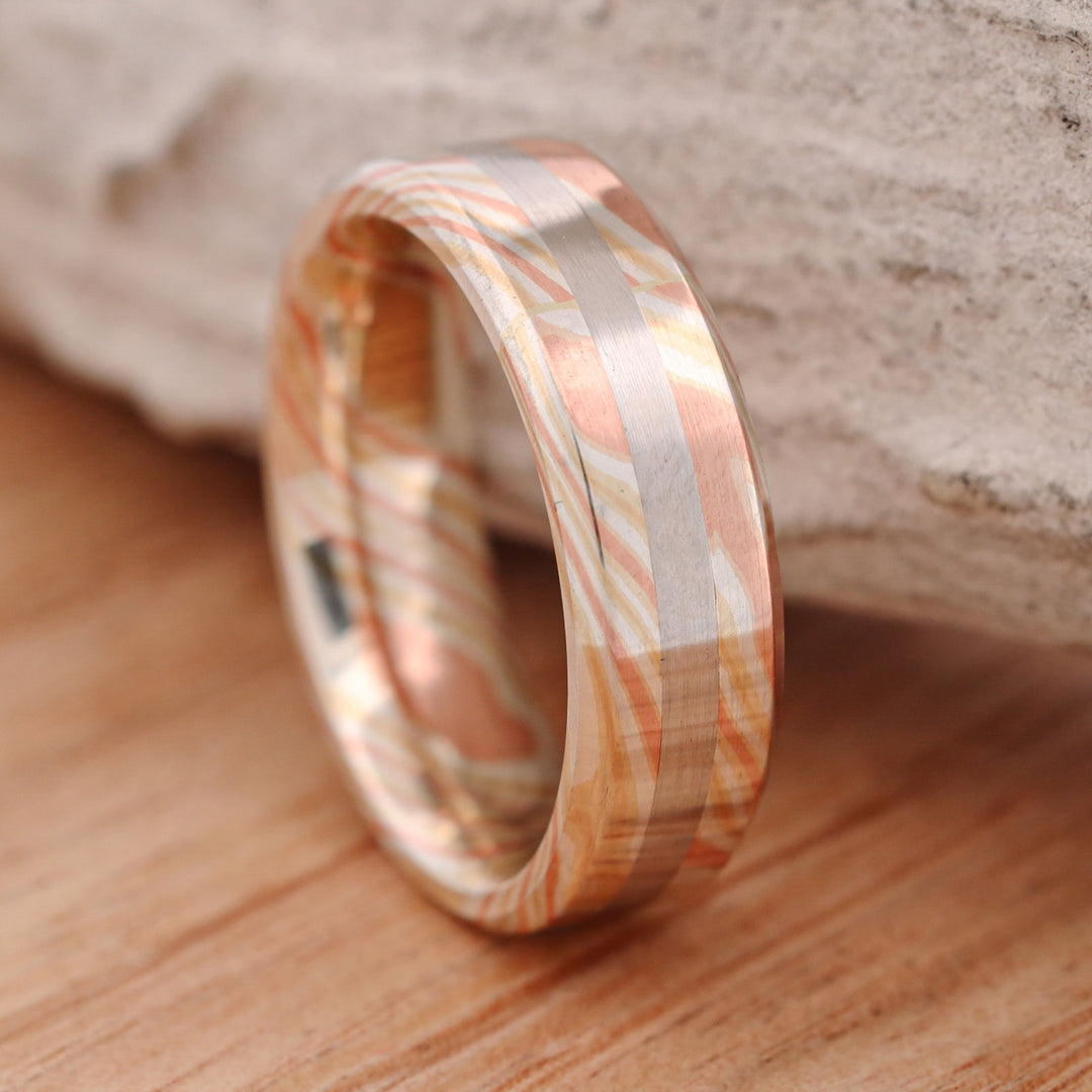 Matte Finish 14k Gold and Silver Mokume Gane, with Platinum Inlay, hand forged Set