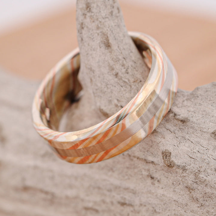 Matte Finish 14k Gold and Silver Mokume Gane, with Platinum Inlay, hand forged