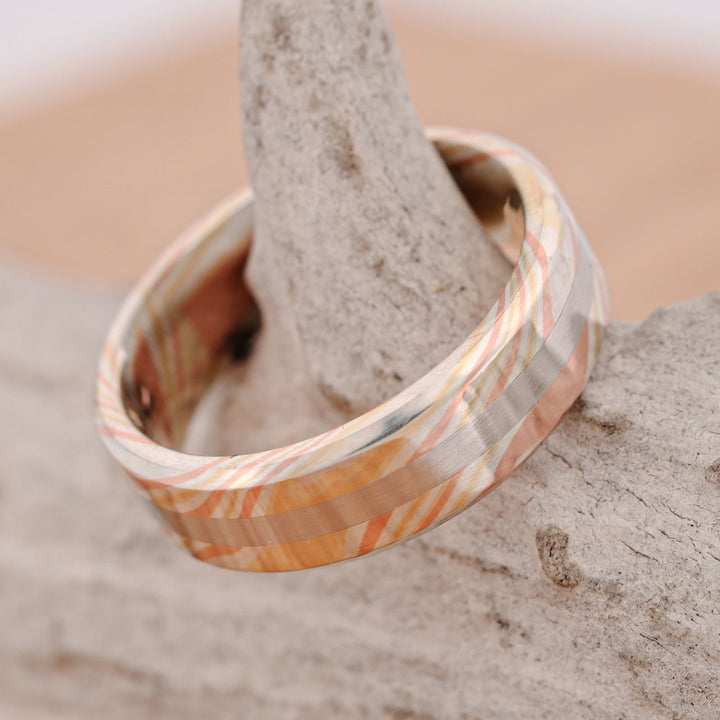 Matte Finish 14k Gold and Silver Mokume Gane, with Platinum Inlay, hand forged