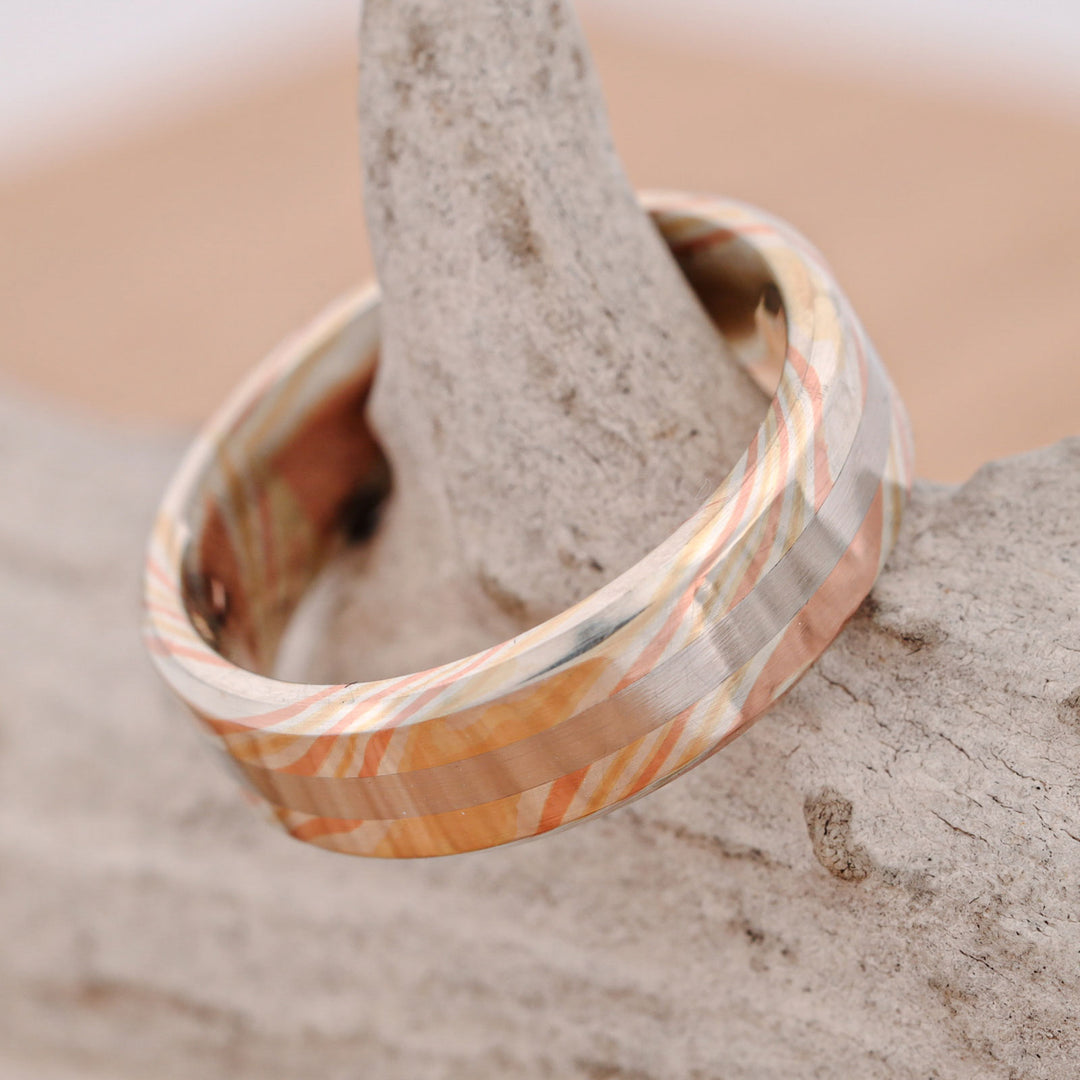 Matte Finish 14k Gold and Silver Mokume Gane, with Platinum Inlay, hand forged Set