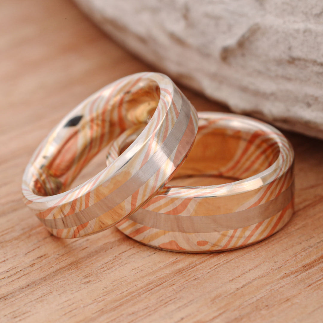 Matte Finish 14k Gold and Silver Mokume Gane, with Platinum Inlay, hand forged Set