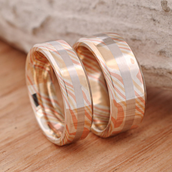 Matte Finish 14k Gold and Silver Mokume Gane, with Platinum Inlay, hand forged Set