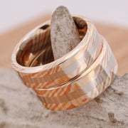 Matte Finish 14k Gold and Silver Mokume Gane, with Platinum Inlay, hand forged Set