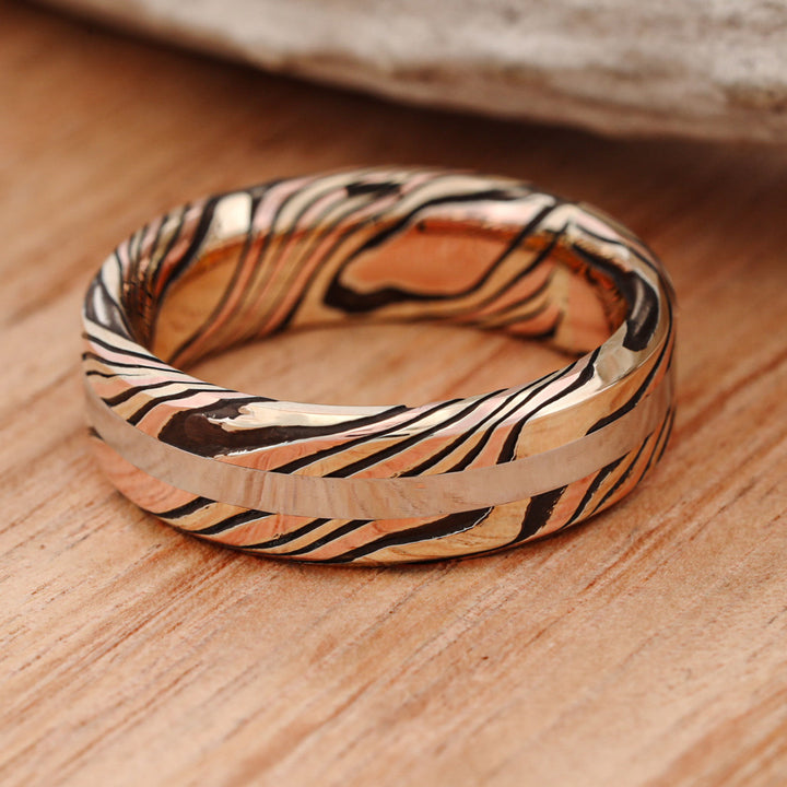 Acid Etched 14k Gold and Silver Mokume Gane, with Platinum Inlay, hand forged