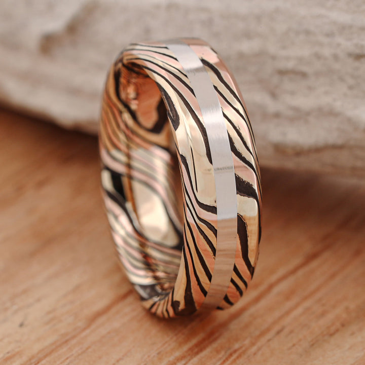 Acid Etched 14k Gold and Silver Mokume Gane, with Platinum Inlay, hand forged