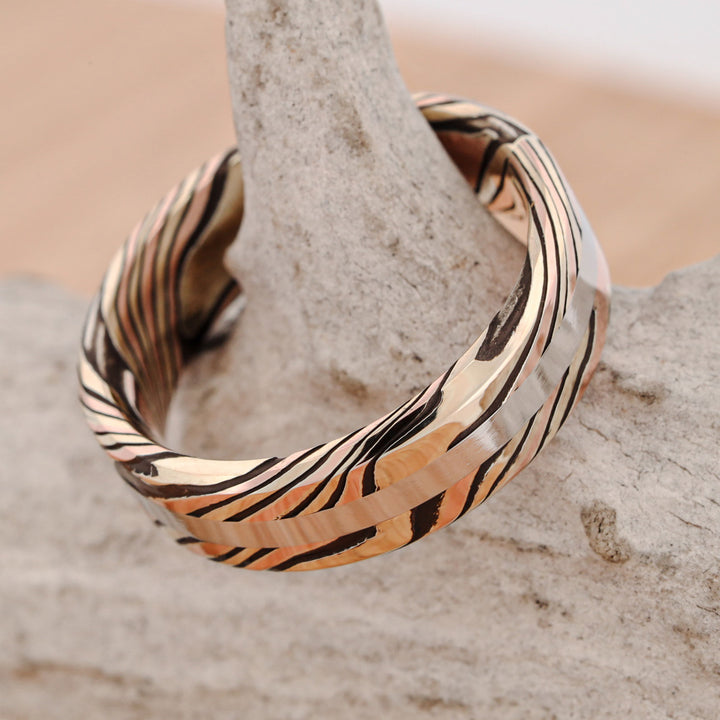 Acid Etched 14k Gold and Silver Mokume Gane, with Platinum Inlay, hand forged