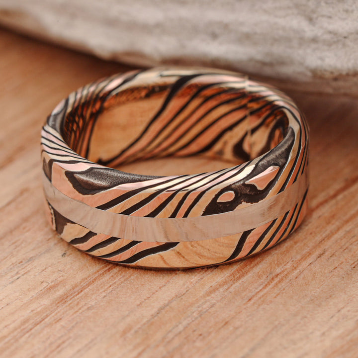 Acid Etched 14k Gold and Silver Mokume Gane, with Platinum Inlay, hand forged Set