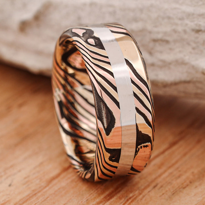 Acid Etched 14k Gold and Silver Mokume Gane, with Platinum Inlay, hand forged