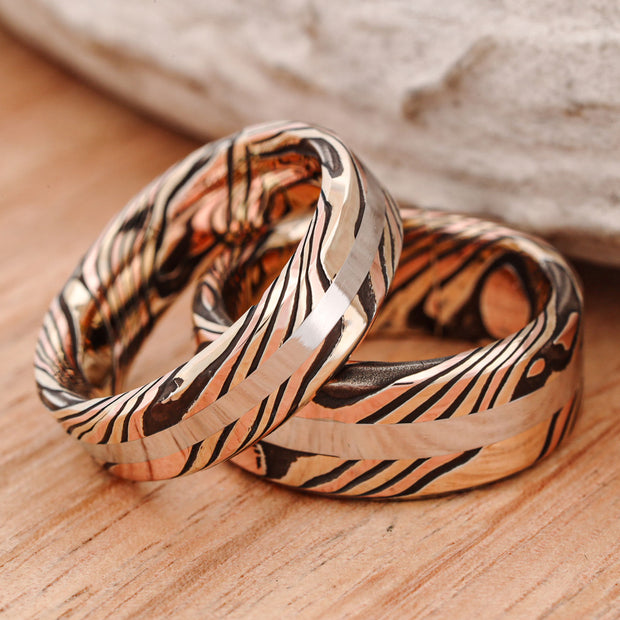 Acid Etched 14k Gold and Silver Mokume Gane, with Platinum Inlay, hand forged Set