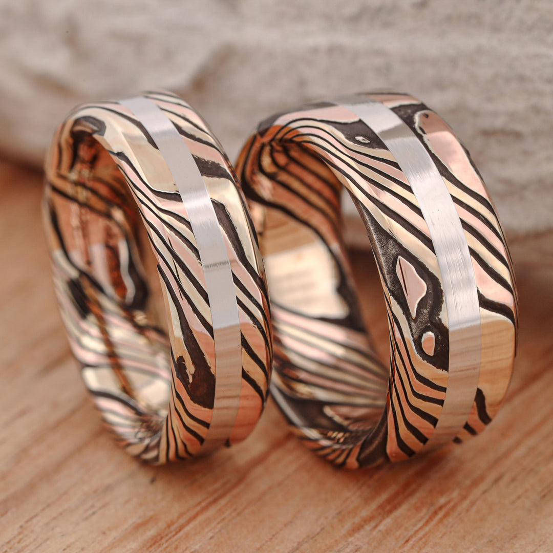 Acid Etched 14k Gold and Silver Mokume Gane, with Platinum Inlay, hand forged Set