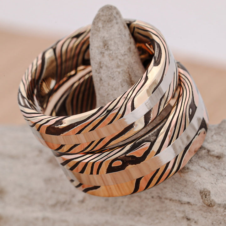 Acid Etched 14k Gold and Silver Mokume Gane, with Platinum Inlay, hand forged Set