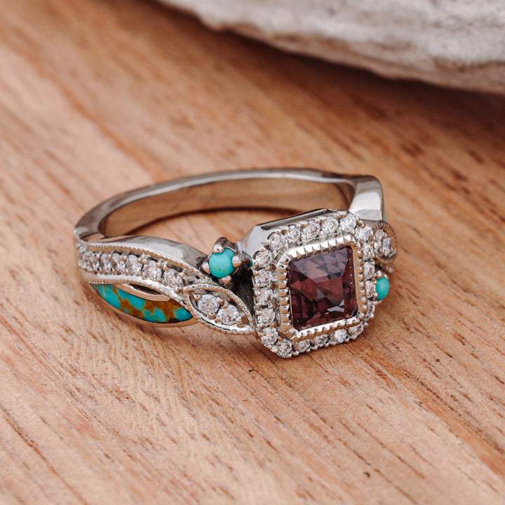 Asscher Cut Alexandrite, with Pave Diamond Accents, and Turquoise Inlays