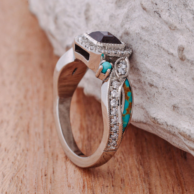 Asscher Cut Alexandrite, with Pave Diamond Accents, and Turquoise Inlays