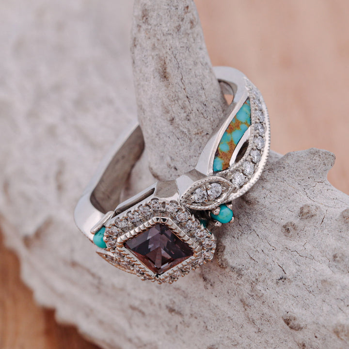 Asscher Cut Alexandrite, with Pave Diamond Accents, and Turquoise Inlays