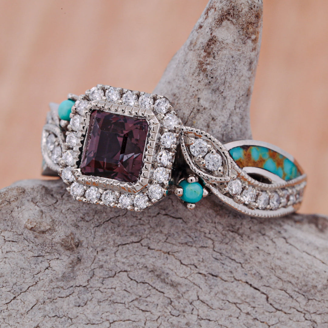 Asscher Cut Alexandrite, with Pave Diamond Accents, and Turquoise Inlays