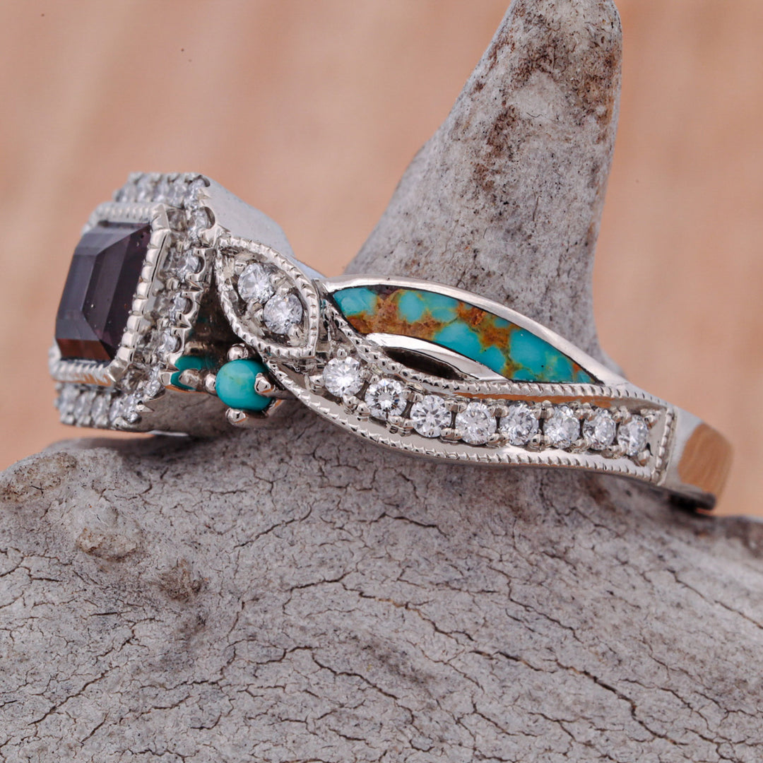 Asscher Cut Alexandrite, with Pave Diamond Accents, and Turquoise Inlays