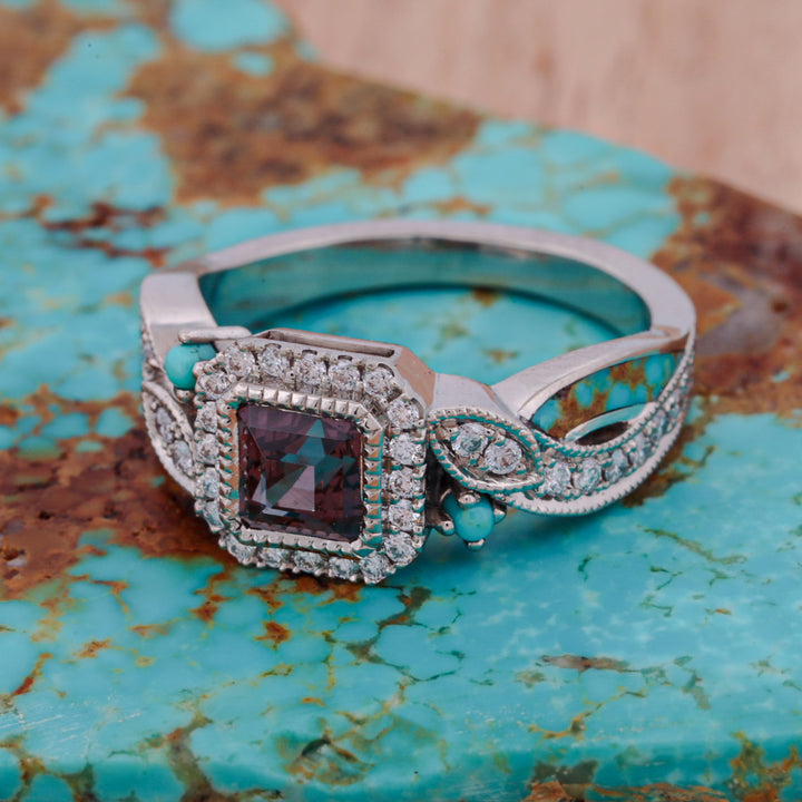 Asscher Cut Alexandrite, with Pave Diamond Accents, and Turquoise Inlays