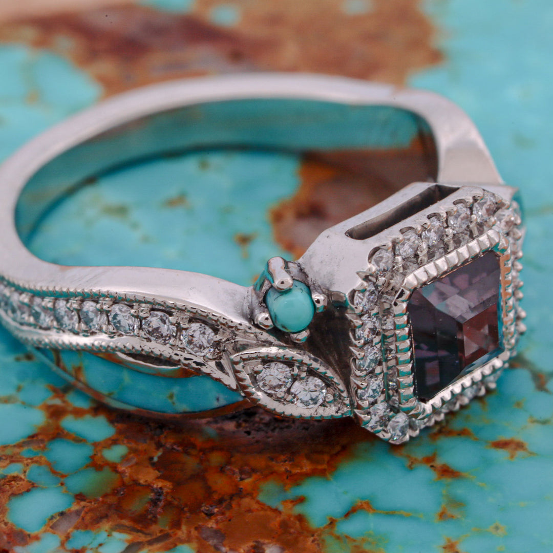 Asscher Cut Alexandrite, with Pave Diamond Accents, and Turquoise Inlays