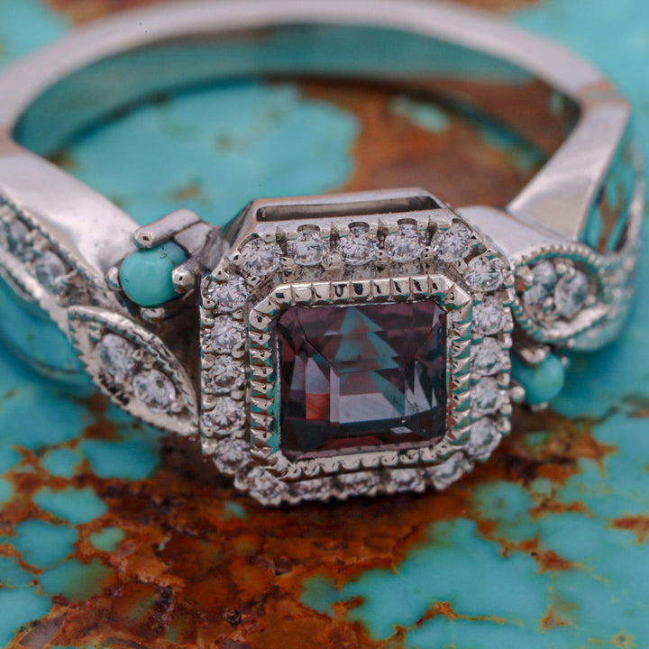 Asscher Cut Alexandrite, with Pave Diamond Accents, and Turquoise Inlays