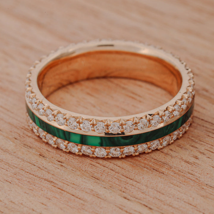 French Cut Gold Band with Diamonds & Center Malachite Inlay