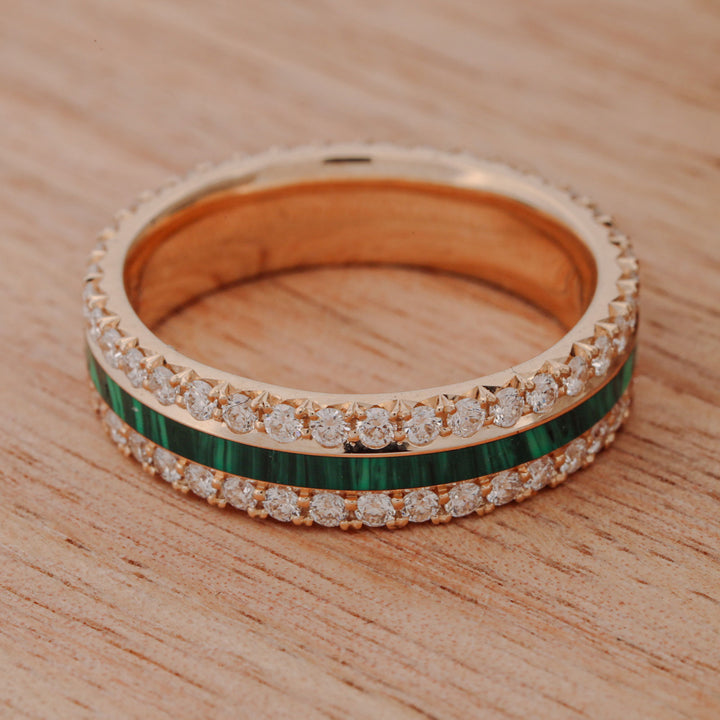 French Cut Gold Band with Diamonds & Center Malachite Inlay