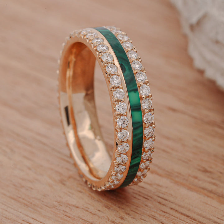 French Cut Gold Band with Diamonds & Center Malachite Inlay