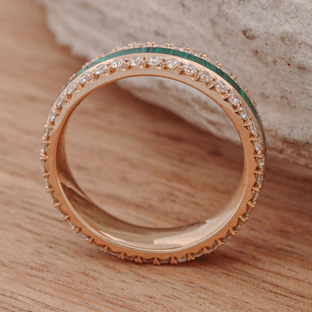 French Cut Gold Band with Diamonds & Center Malachite Inlay