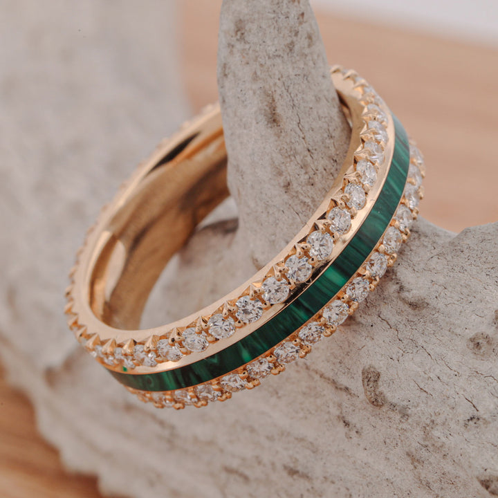 French Cut Gold Band with Diamonds & Center Malachite Inlay