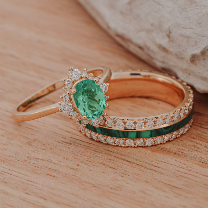 Oval Moissanite Halo, French Cut Band, with Diamonds, & Malachite