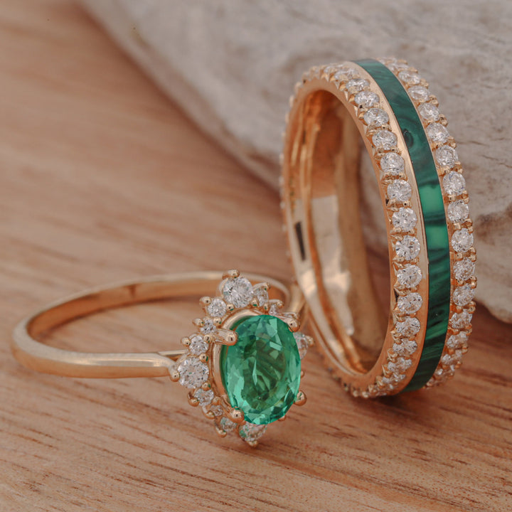 Oval Moissanite Halo, French Cut Band, with Diamonds, & Malachite