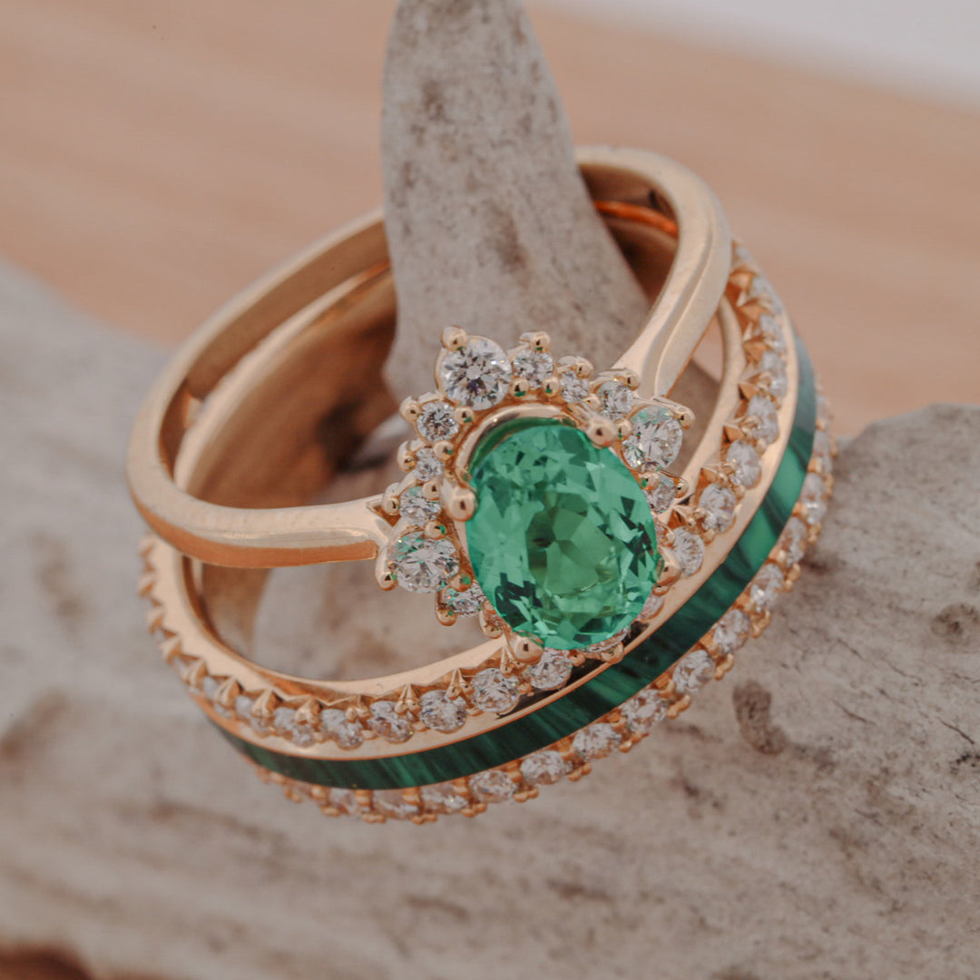 Oval Moissanite Halo, French Cut Band, with Diamonds, & Malachite