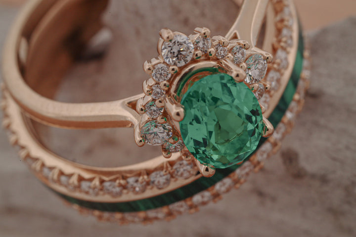 Oval Moissanite Halo, French Cut Band, with Diamonds, & Malachite