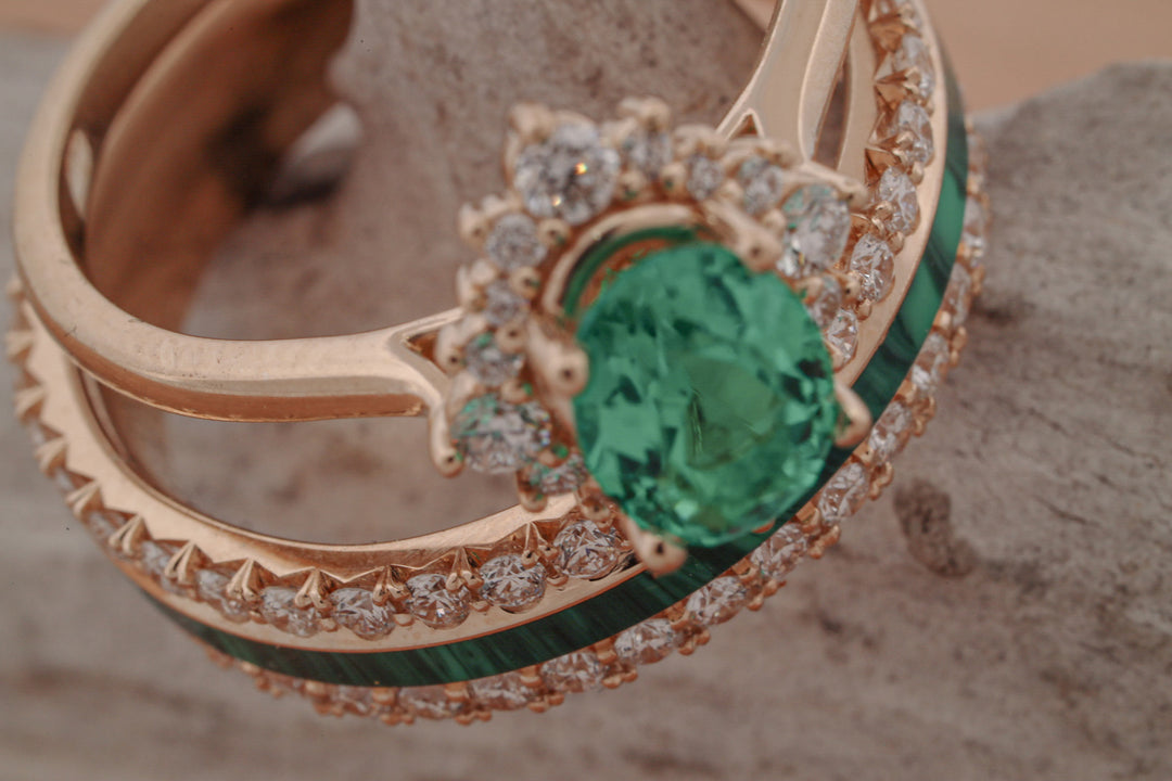 Oval Moissanite Halo, French Cut Band, with Diamonds, & Malachite