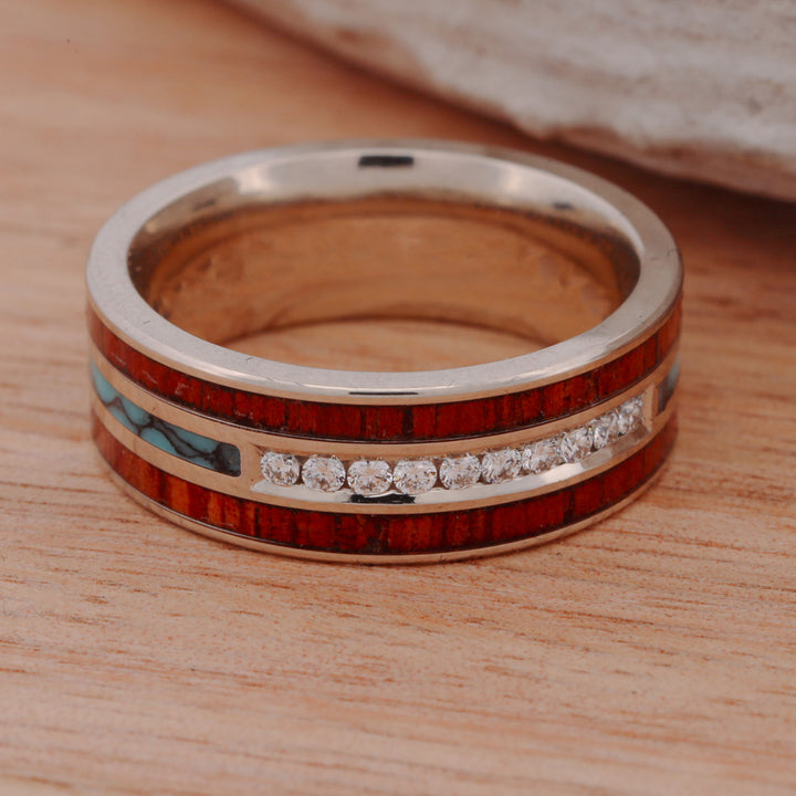 Diamond Band with Turquoise and Koa Wood Inlays