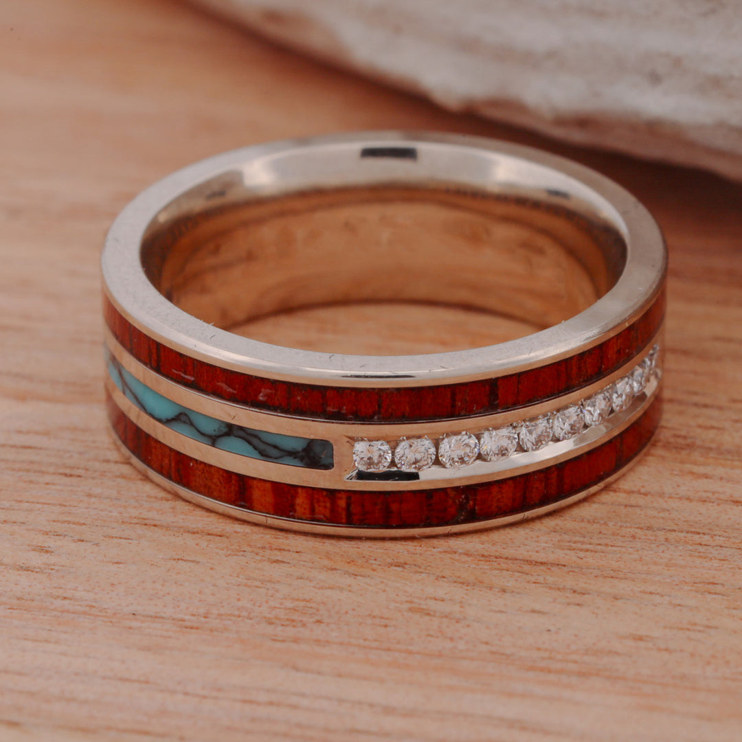 Diamond Band with Turquoise and Koa Wood Inlays