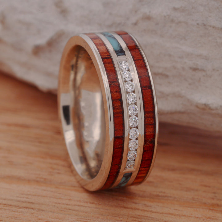 Diamond Band with Turquoise and Koa Wood Inlays