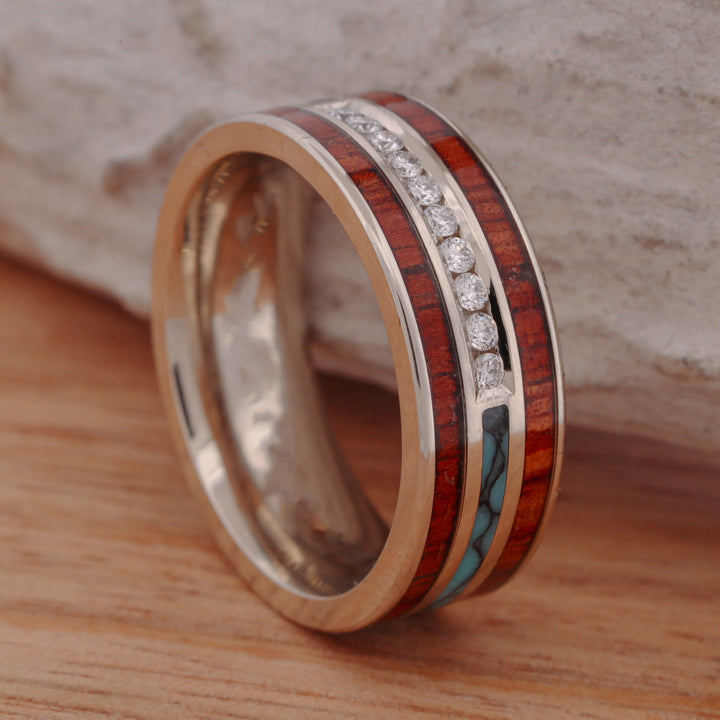 Diamond Band with Turquoise and Koa Wood Inlays