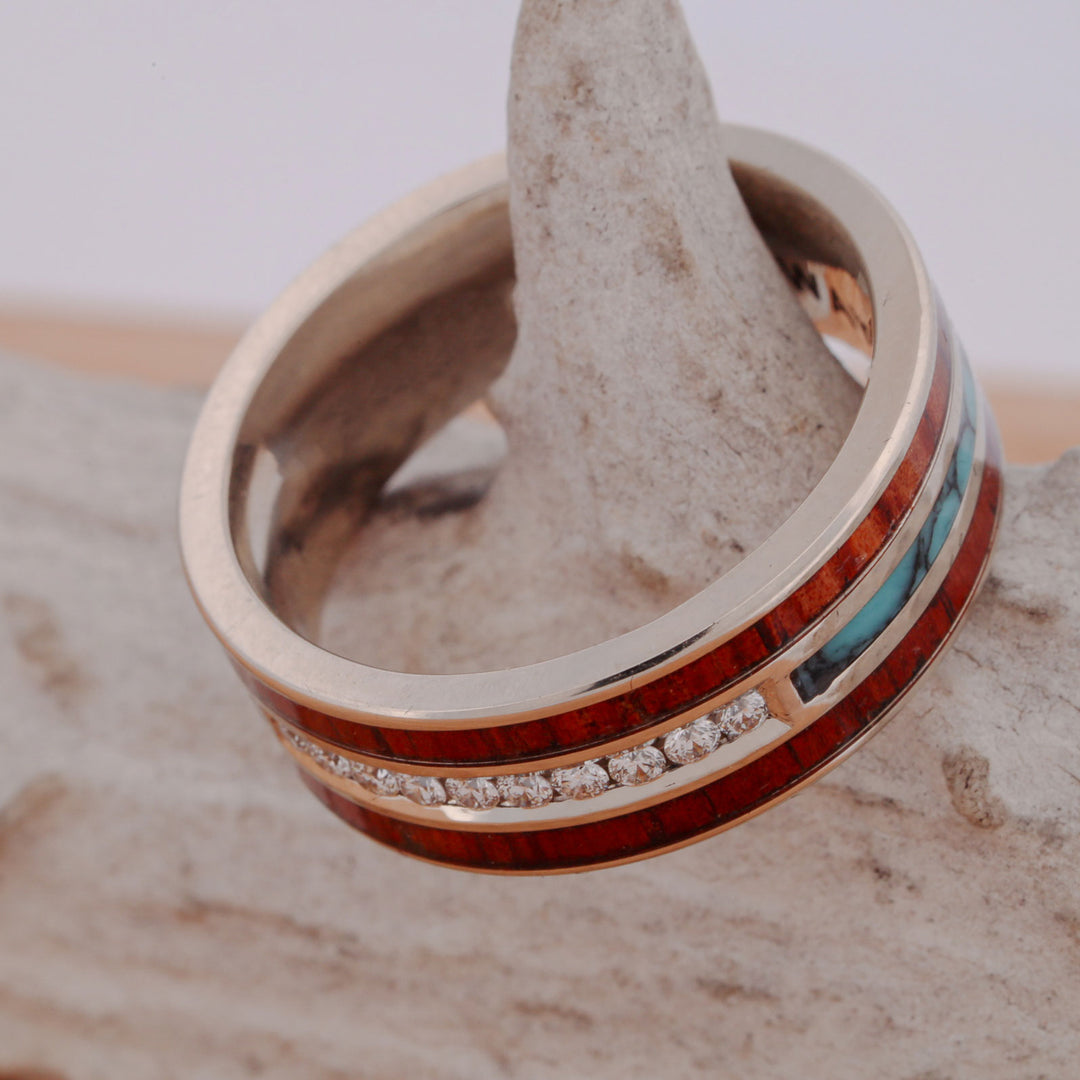 Diamond Band with Turquoise and Koa Wood Inlays