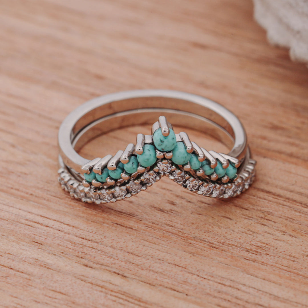 Turquoise and Diamond Stacking Band V-Ring Set