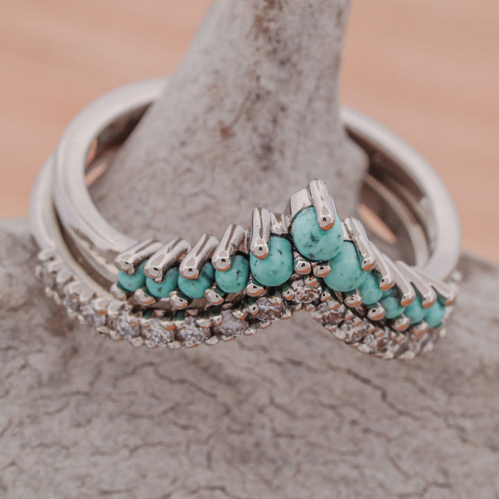 Turquoise and Diamond Stacking Band V-Ring Set