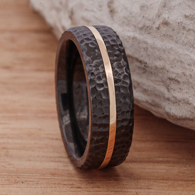 Hammered Black Zirconium with Silver or Gold Inlay