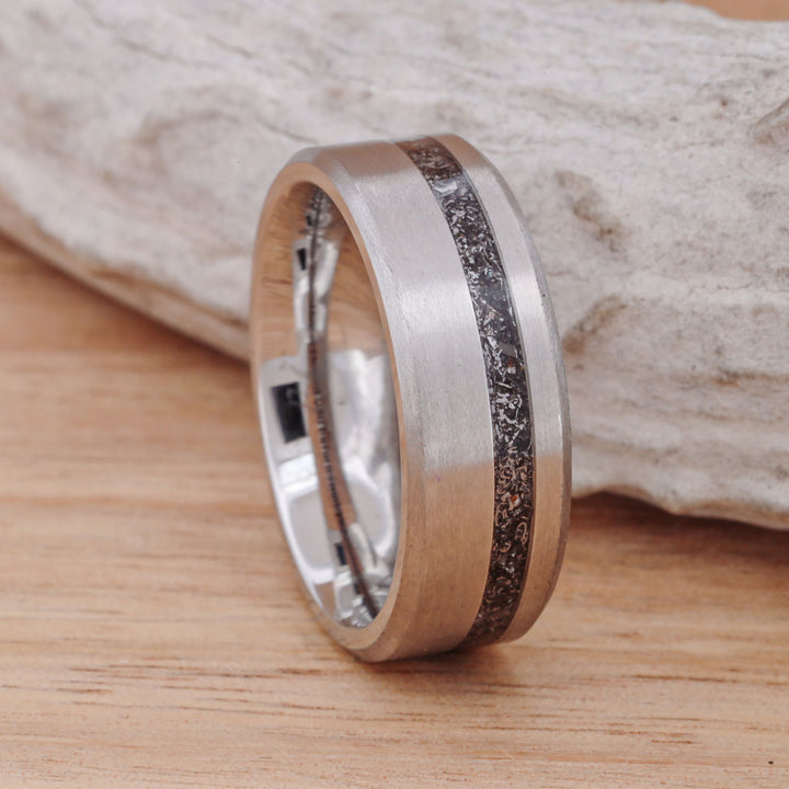 Brushed Titanium with offset Meteorite Inlay