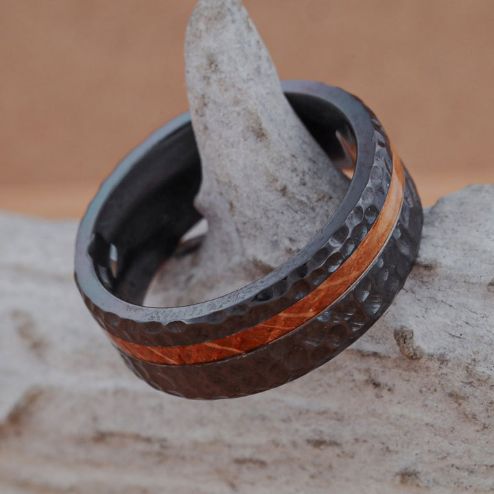 Black Zirconium Hammered Finish Metal with Offset Whiskey Barrel Wood