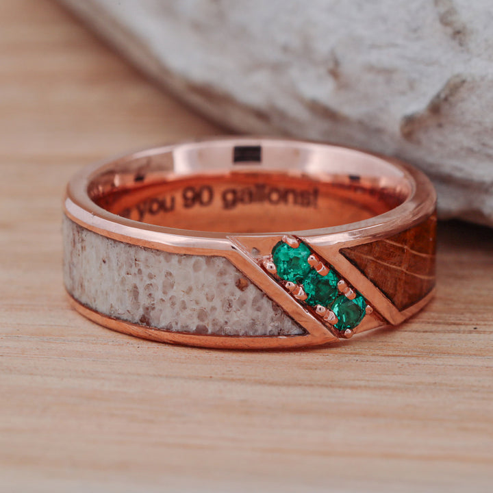 Antler and Whiskey Barrel Wood Channel Ring with Green Emerald Stone Settings