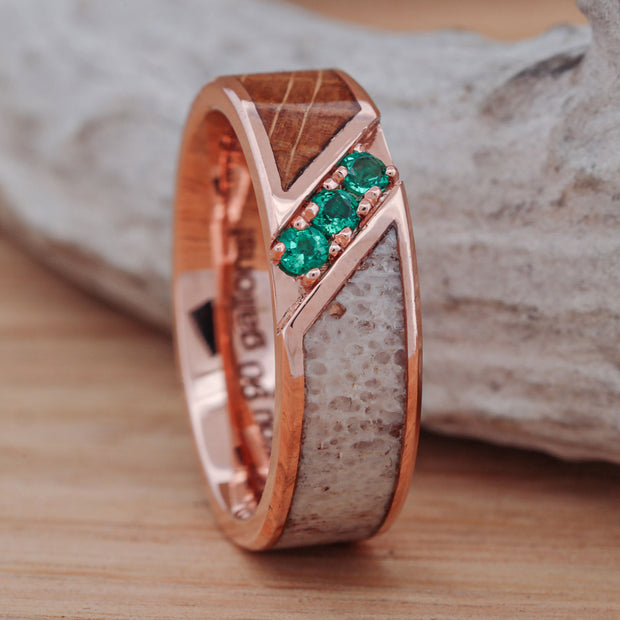 Antler and Whiskey Barrel Wood Channel Ring with Green Emerald Stone Settings