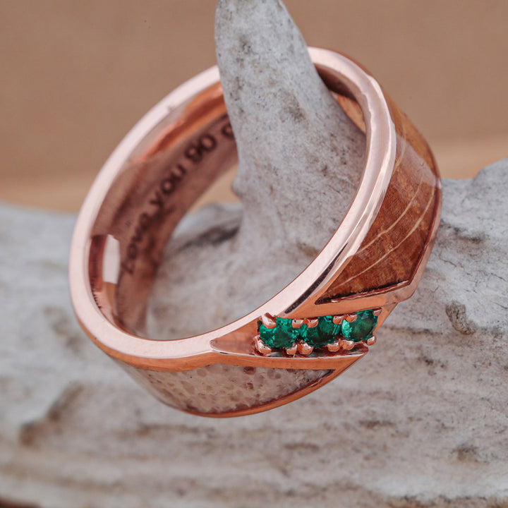 Antler and Whiskey Barrel Wood Channel Ring with Green Emerald Stone Settings