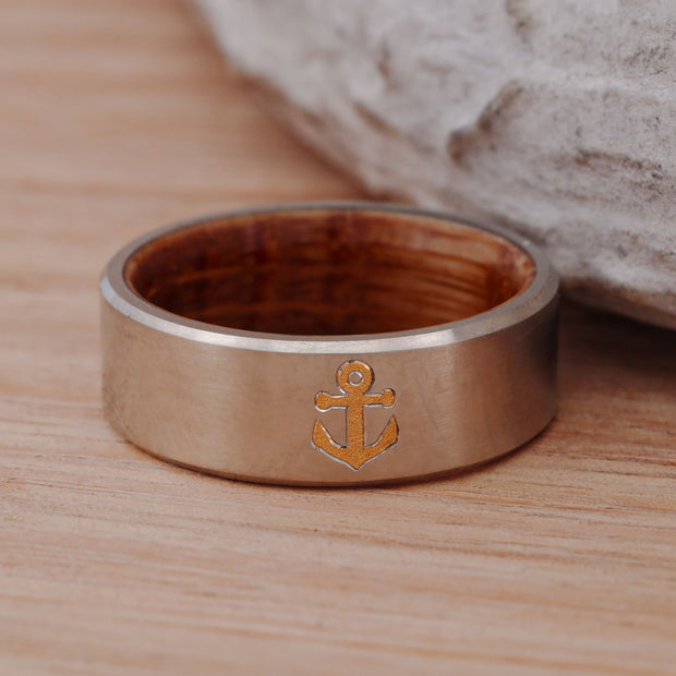 Metal Band with 24k Anchor Inlay and Whiskey Barrel Liner