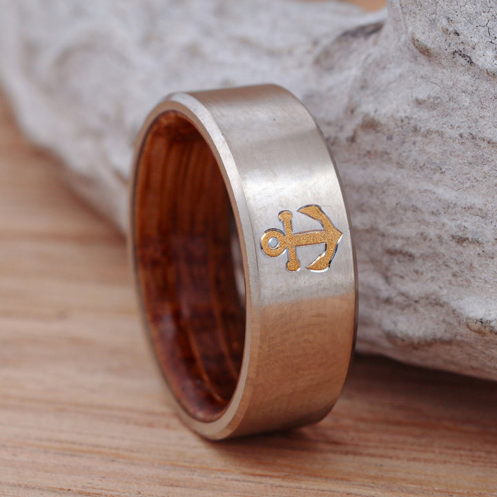 Metal Band with 24k Anchor Inlay and Whiskey Barrel Liner